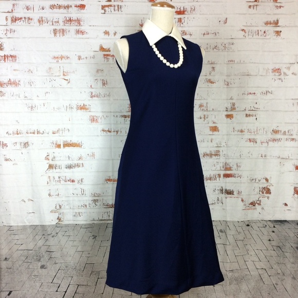 ILGWU White Pointed Lapel Navy Blue Sheath Dress - Picture 6 of 7